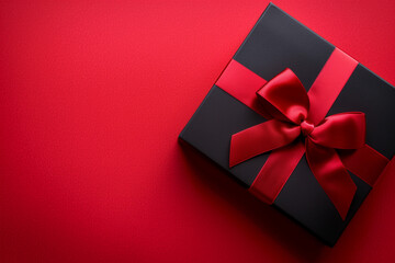 Black gift with red ribbon top view