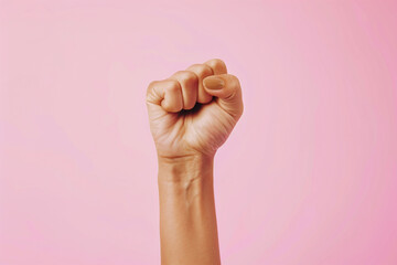 Girl power and woman empowerment concept. Woman raised fist isolated on pink background