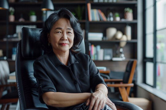 Senior smiling asian business woman posing in a chair