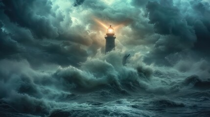 Lighthouse as a Beacon of Light in Stormy Sea - obrazy, fototapety, plakaty