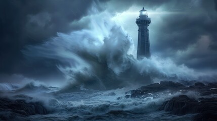 Lighthouse as a Beacon of Light in Stormy Sea - obrazy, fototapety, plakaty