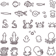  様々な魚やタコなど海の生き物をシンプルにデフォルメしたイラストセット