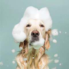 Funny portrait of a golden retriever dog showering with shampoo. Dog taking a bath in grooming salon	