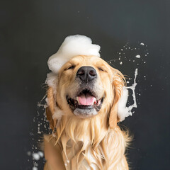 Funny portrait of a golden retriever dog showering with shampoo. Dog taking a bath in grooming salon	