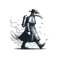 The plague doctor with his extinguish. Black white vector illustration.
