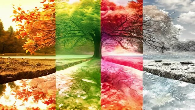 The four seasons in a tree reflected in the water of a lake. Concept of weather changing and cycle of nature in time. AI-generated