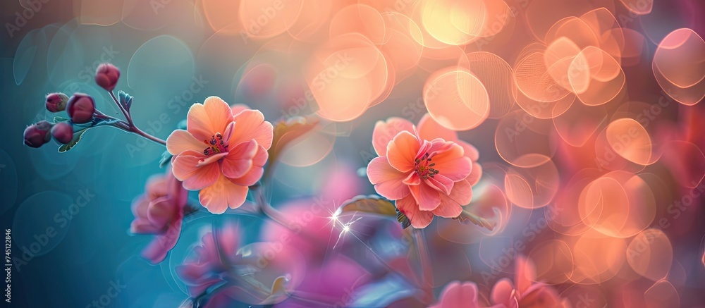 Aufkleber A bunch of colorful flowers displayed in a vase, with a vibrant and blurred abstract background. The flowers are assorted and arranged neatly in the vase, adding a pop of color to the scene.