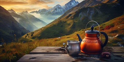 Breakfast at mountain peak at sunrise perfect view from hotel or restaurant , a tea kettle on top of a rock with mountains in the background and a river running through the valley below - obrazy, fototapety, plakaty
