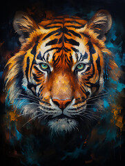 Realistic painting of a tiger head with a colorful background