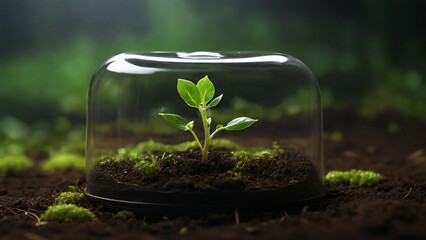 Conceptual image of protecting nature. The sprout is protected from the outside world by a glass cover.