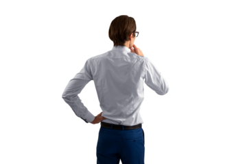 Professional man in business attire deep in thought, hand on head, white background