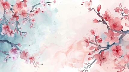Fototapeta na wymiar Scenic watercolor background, floral composition Sakura - generative ai