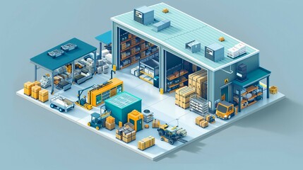 an isometric illustration of a smart warehouse management system with emphasis on inventory control. with IoT devices.