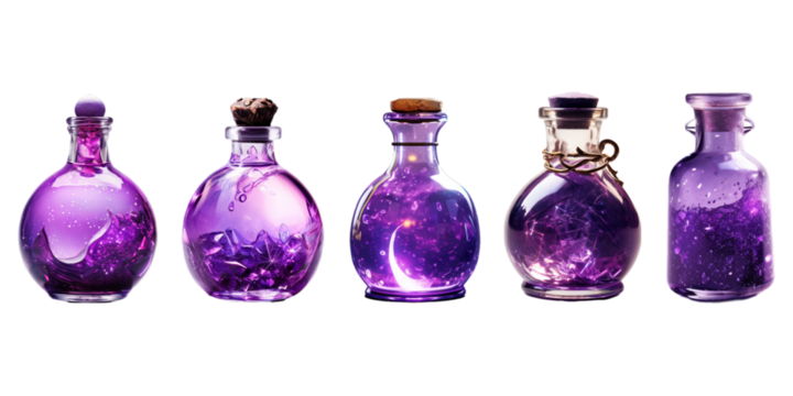 Collection of purple potion bottle isolated on a white background as transparent PNG