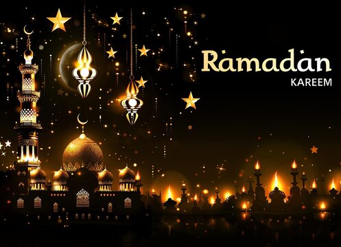 Ramadan Kareem Islamic design crescent moon with Arabic pattern and lamps, blue galaxy background.