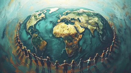 Design, mural, pattern, representation with a group of people surrounding the world in green tones. Concept of protection and conservation of the planet for International Mother Earth Day. - obrazy, fototapety, plakaty
