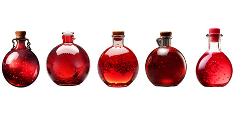 Collection of red potion bottle isolated on a white background as transparent PNG