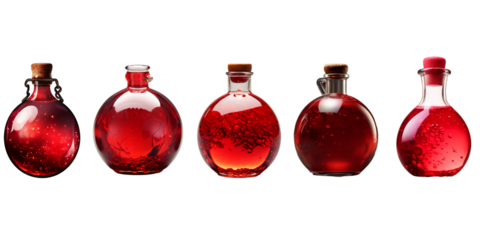 Collection of red potion bottle isolated on a white background as transparent PNG