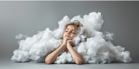 Elementary school boy child kid with his head in clouds on studio blue background. Unable to focus, dreaming about something, sleeping, problems with being attentive during education concept