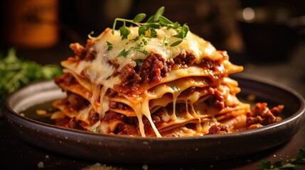close up of a plate of lasagna on a rustic background
