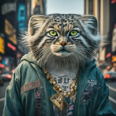 The picture shows a cat wearing a green jacket and a gold necklace. The cat is standing on a city street.