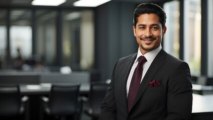 a young Hispanic businessman, inside office, boss in business suit, smiling, looking at camera