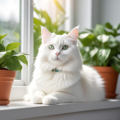 The fluffy white cat, in the light room with house green plants, lies on a window sill and is heated in daylight beam