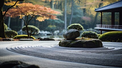 a garden with carefully raked sand and balanced stones, invoking a feeling of tranquility and inner peace - obrazy, fototapety, plakaty