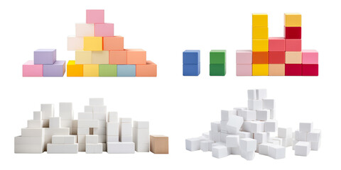 Collection of stackable building blocks toy isolated on a white background as transparent PNG