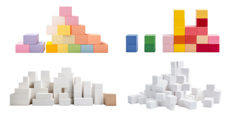 Collection of stackable building blocks toy isolated on a white background as transparent PNG