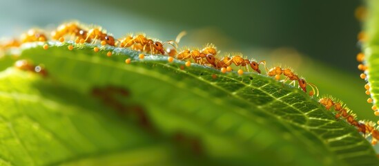 A group of busy ants crawling on a vibrant green leaf. The small insects are tending to their hive, moving purposefully in search of food and communicating with each other.