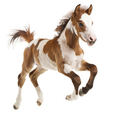 Cute running pinto foal isolated on white or transparent background, png clipart, design element. Easy to place on any other background.