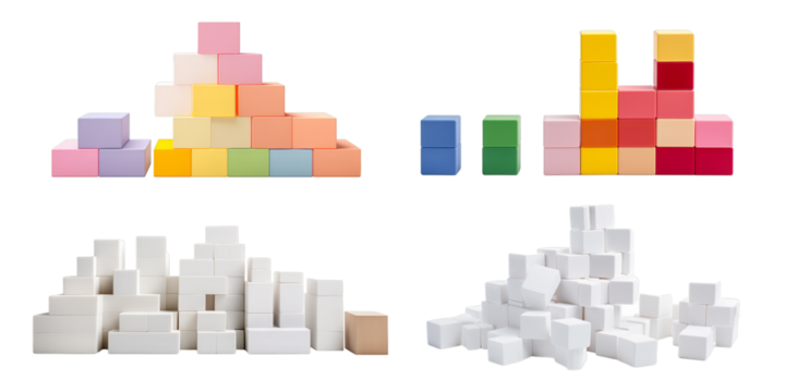 Collection of stackable building blocks toy isolated on a white background as transparent PNG
