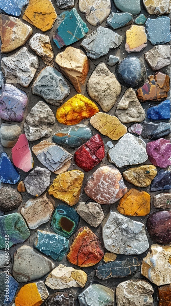 Poster a rock wall adorned with an array of differently colored rocks, creating a vibrant and eye-catching 