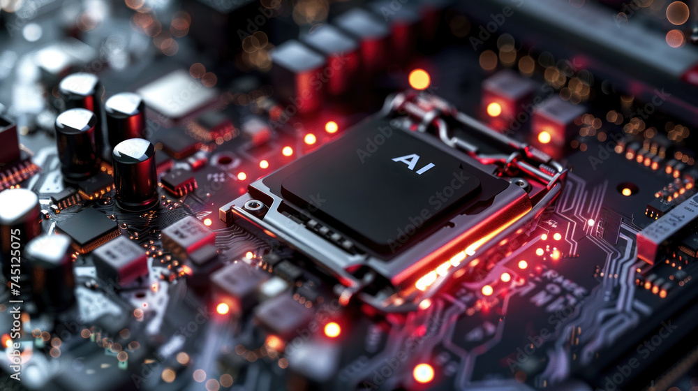 Poster detailed view of a computer motherboard featuring red lights and an ai microprocessor.