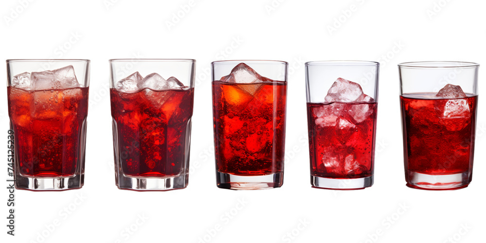 Wall mural Collection of glass of red soda isolated on a white background as transparent PNG