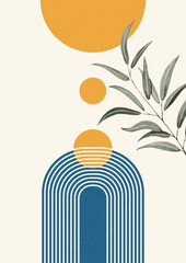 Minimalistic blue arch on a beige background with yellow circles and a branch with leaves on the side, simple lines