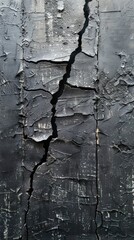 Obraz premium A crack has formed on the side of a black grunge concrete wall, showing signs of wear and potential structural damage.