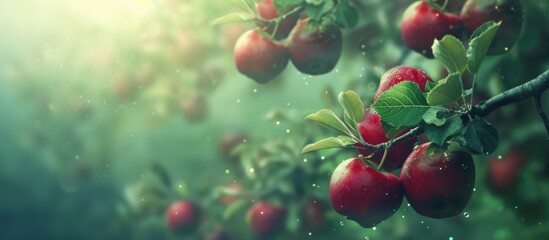 A tree heavy with ripe red apples, ready for harvest. The branches are weighed down with the abundance of fruit, creating a striking visual of natures bounty.