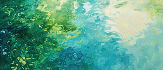 Rippling Water Reflection, Calming Blue and Green Palette, Abstract image of rippling water reflecting a calming color palette of blue and green, Nature-inspired Watercolor Painting