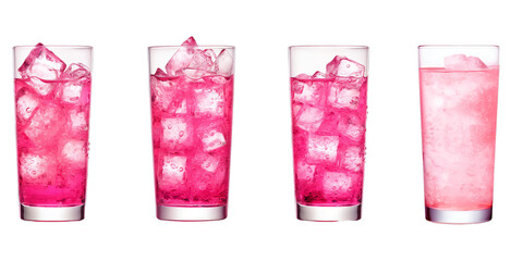 Collection of glass of pink soda isolated on a white background as transparent PNG