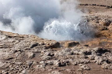 Tatio Geysers, San Pedro de Atacama, Chile, South America. Volcanic hot springs erupting hot water and steam in the mountain regions. 