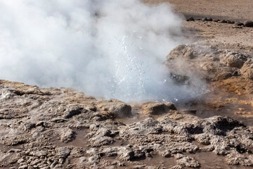 Tatio Geysers, San Pedro de Atacama, Chile, South America. Volcanic hot springs erupting hot water and steam in the mountain regions. 