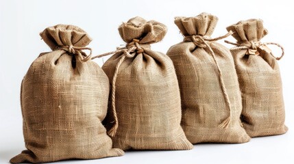 Three burlap bags with dollar signs are positioned next to each other on a white background.