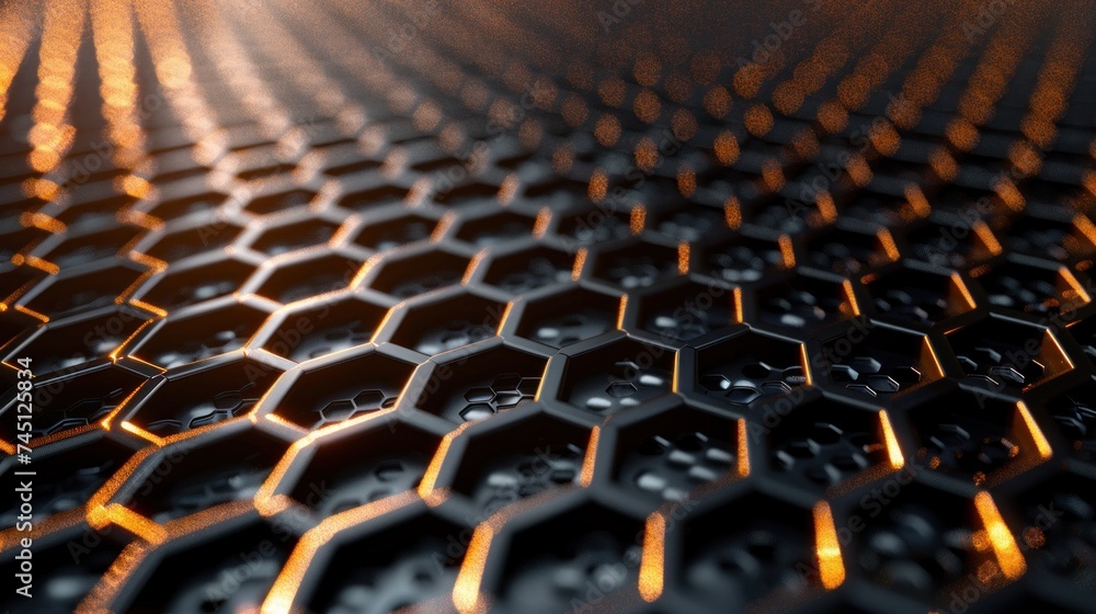Poster detailed view of a metallic hexagonal grate, showcasing its intricate design and structure.