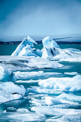 glacier view in Iceland. Panoramic view of glacier lagoon and glacier wall, Vatnajoekull Glacier, Iceland, Europe