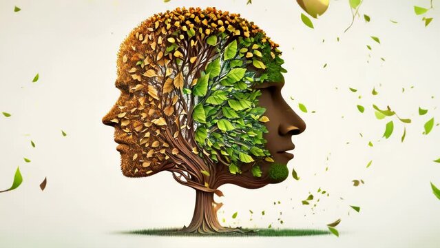 A tree losing leaves represents the concept of a metaphor that represents a hidden dual personality of a person. Deceptive charisma veils an egocentric manipulator in a Covert Narcissist. AI-generated