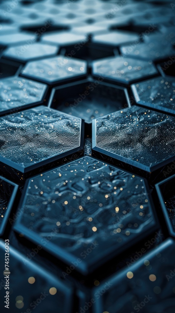 Poster detailed view of a black and gold tiled floor, showcasing the metallic hexagonal structure and intri