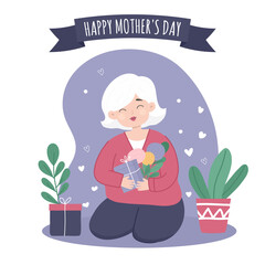 Mother's Day greeting card with cute cartoon elderly woman holding gift box and flowers.