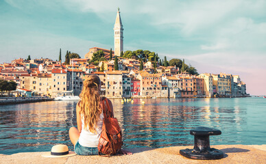 Young girl tourist traveling in Europe- Croatia, Rovinj city and adriatic sea-Istria